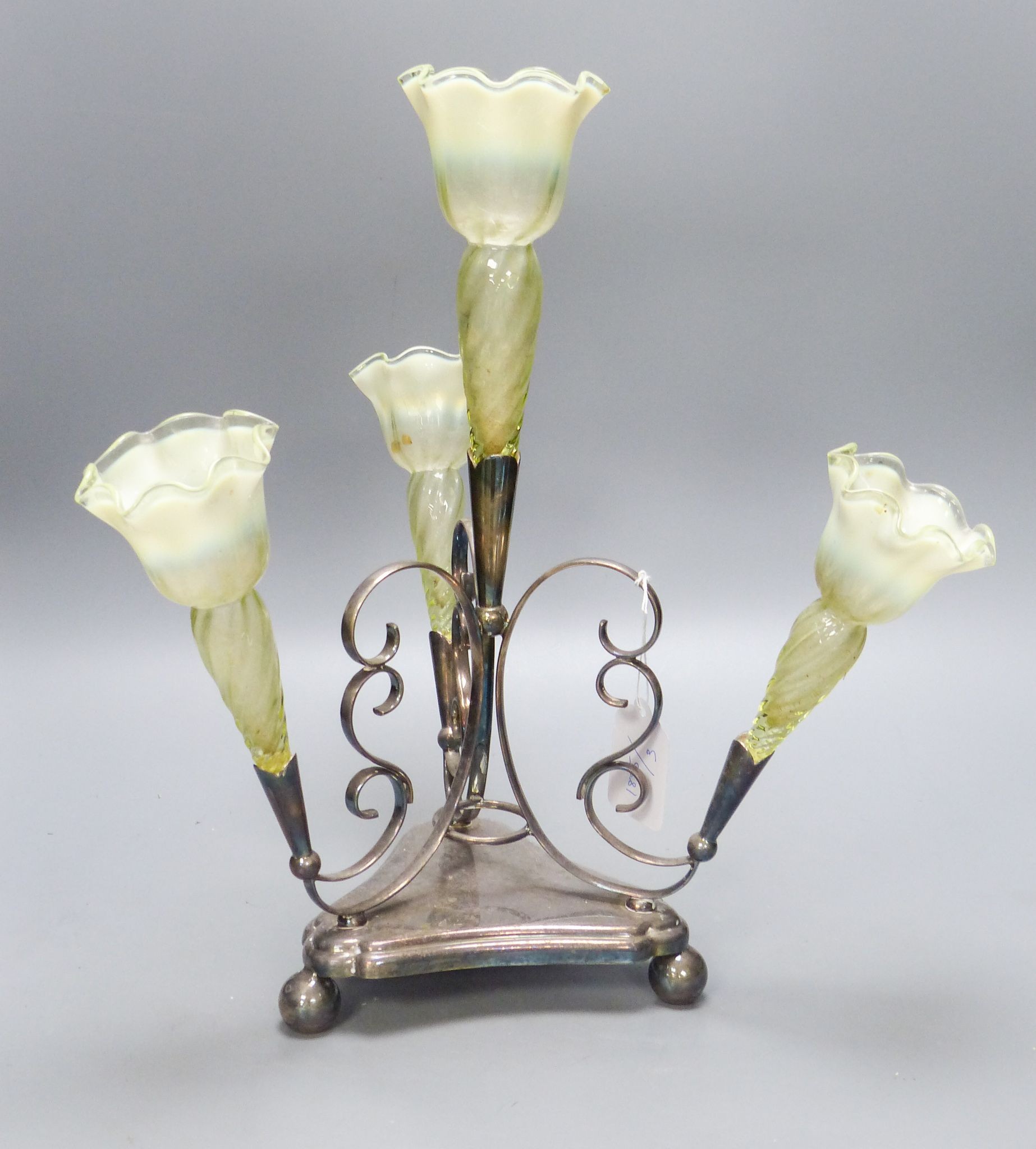 A late Victorian electroplate and vaseline glass epergne 39cm